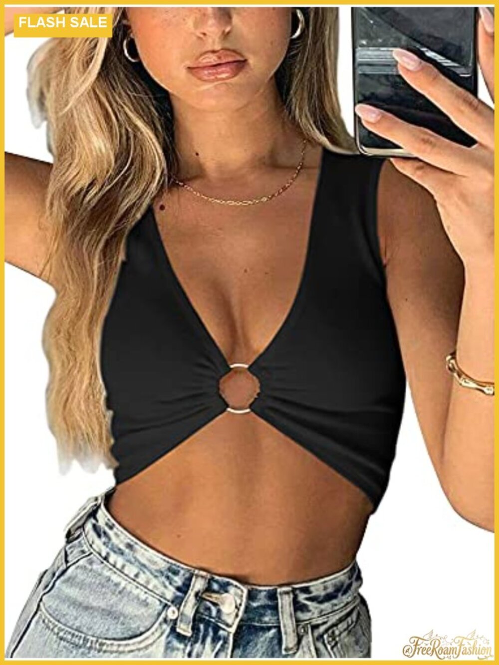 Women's Sleeveless Crop Top Tank Deep V Neck Racerback O-Ring Cute Going Out
